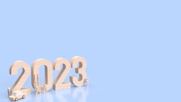 The wood number 2023 in blue background 3d rendering