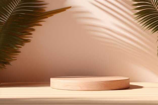 Wood pedestal podium on natural palm leaf shadow pastel beige backdrop AI generated