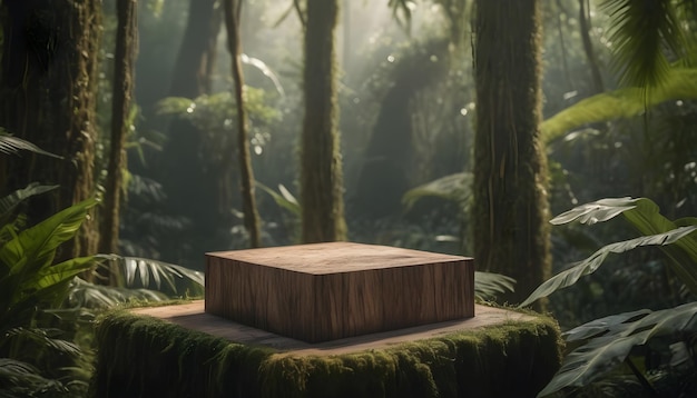 Wood pedestal in tropical forest for product presentation