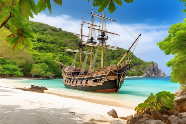 Wood pirate ship on beach Generate Ai