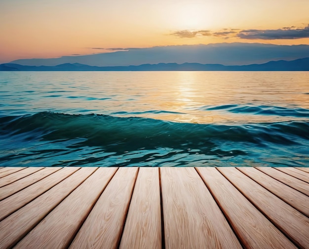 Wood plank on sunset sky background