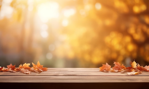 wood plank with fallen autumn leaves in autumn forest