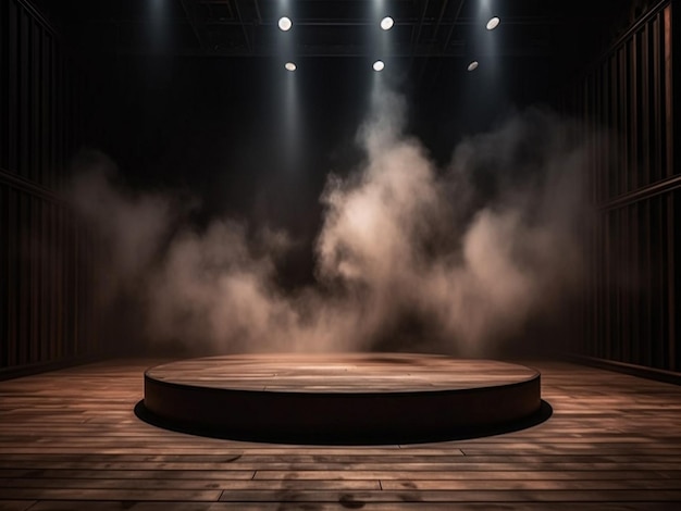 Wood podium dark stage transformed with mist fog and brown spotlights perfect for showcasing artistic for product display showcase Generative Ai