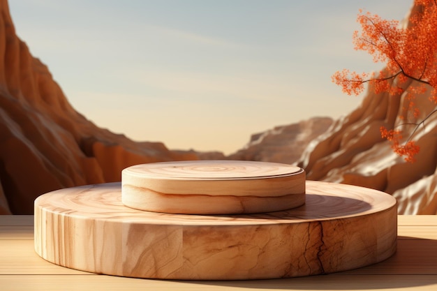 wood podium display for food perfume jewellery and cosmetic products Generative AI