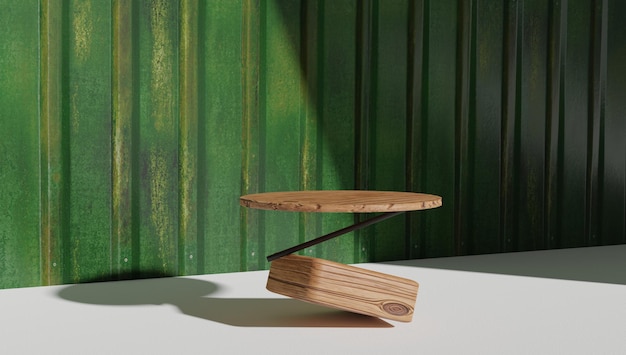 Wood podium on green fabric background cosmetics promotion abstract d render illustration