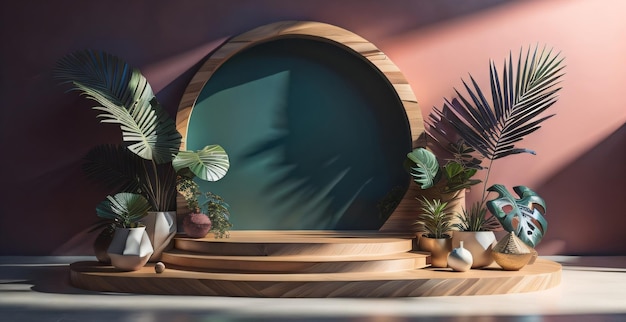 Wood Podium mockup of colorful for 3d art product space sppresentation on background of tropical lea