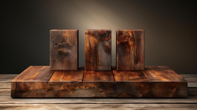 Photo wood podium product stand or display with cinematic light and cinematic background