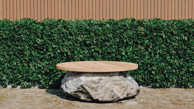 Wood podium on a rock with a green hedge in background, 3d render