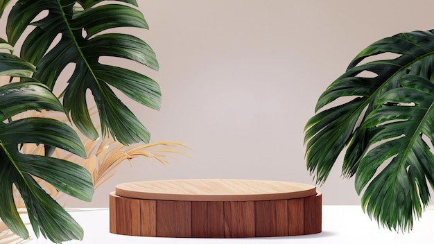 wood podium stage display mockup for product presentation decorated with tropical palm leaves