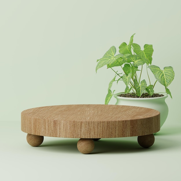 wood podium stage display for Natural product presentation with monstera leaves light green