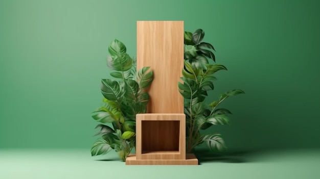 Wood podium stage display for product presentation decoration with monstera leaves