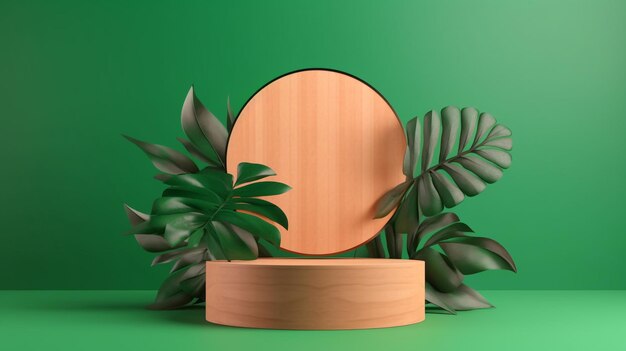 Wood podium stage display for product presentation decoration with monstera leaves