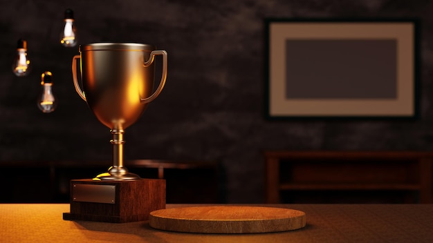 Wood podium stand on table with trophy 3d rendering