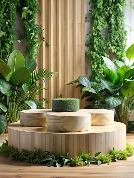 wood podium with green leaves and natural stones