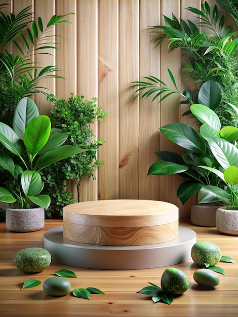 wood podium with green leaves and natural stones