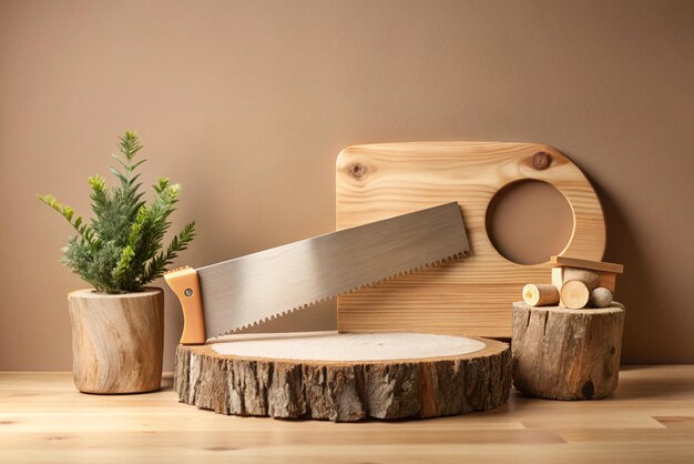 Photo wood saws on beige background for presentation of beauty eco products wooden platform mock up eco scene