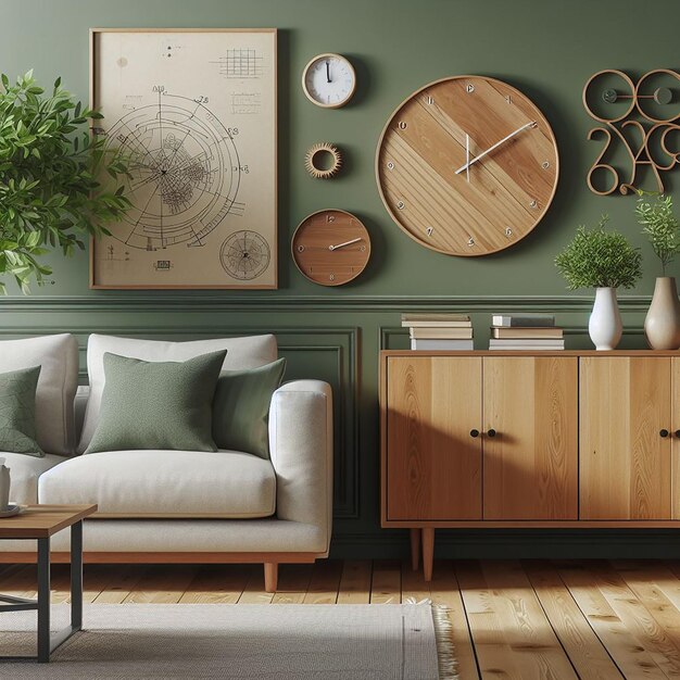 Wood Sideboard Green Living Room With Copy Space