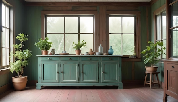 Wood sideboard in green living room with copy space