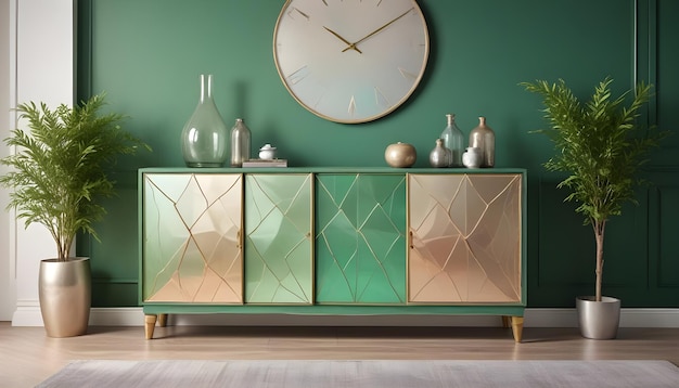 Wood sideboard in green living room with copy space