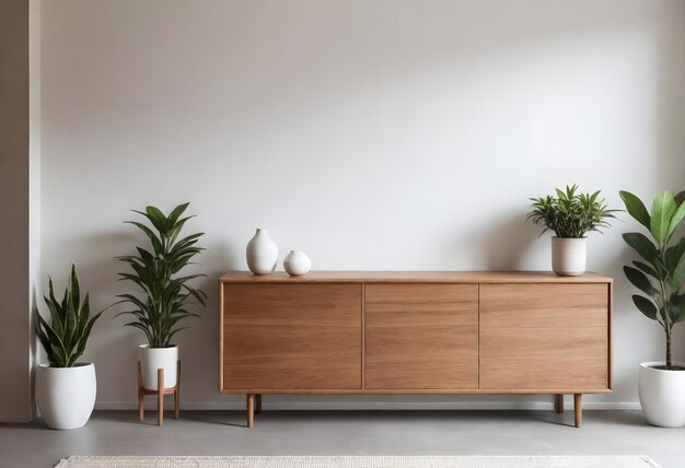 Wood sideboard in living room interior with copy space