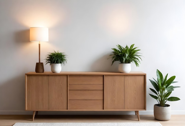 Wood sideboard in living room interior with copy space