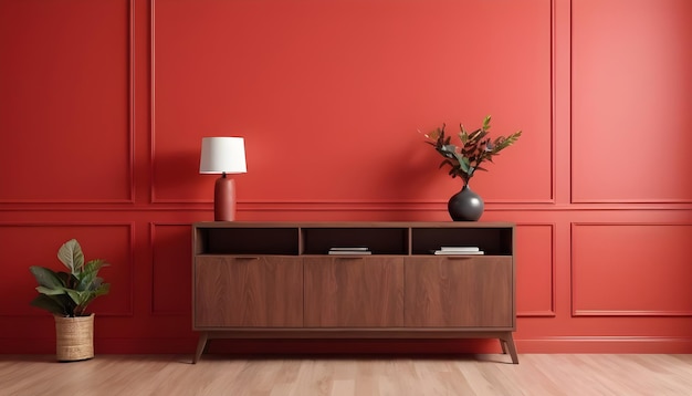 Wood sideboard in red living room with copy space