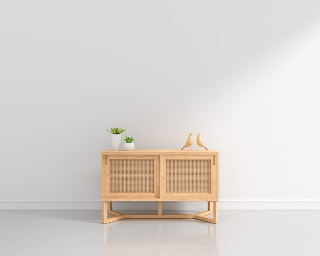 Wood sideboard in white living room with copy space