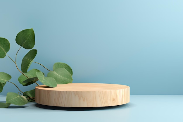 A wood slice podium devoid of content featuring eucalyptus leaves and shadows set against a blue