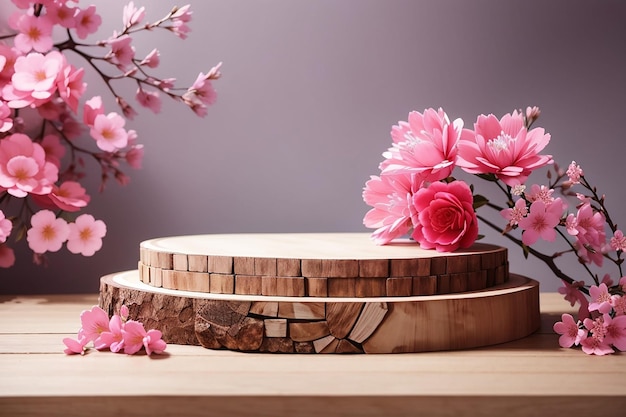 Wood slice podium and pink flowers Concept scene stage showcase for new product promotion sale banner presentation cosmetic