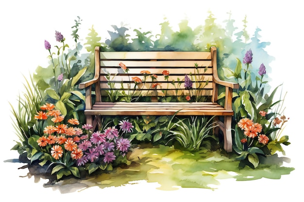 wood spring bench watercolor