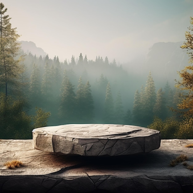 Wood and stone slice round disc podium with mountain background podium In forest For product present