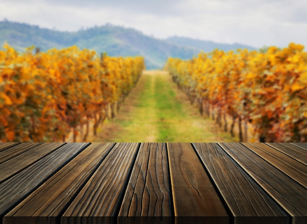 Wood table in autumn vineyard country landscape.