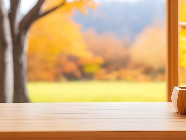 Wood table and blur window forest nature background