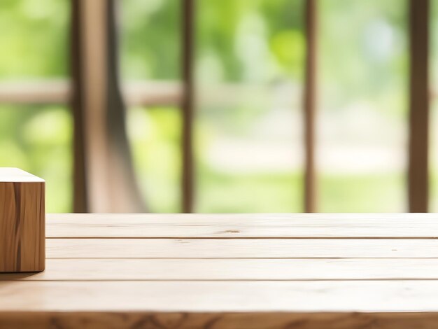 Wood table and blur window forest nature background