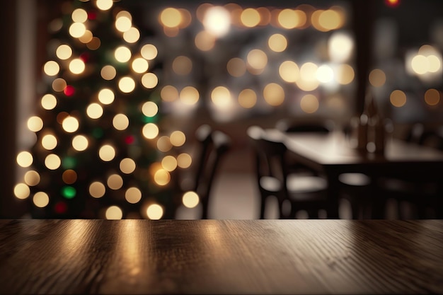 Wood Table on Blurred Christmas Tree Background Festive Mockup Dark Wood Table Top Generative AI Illustration