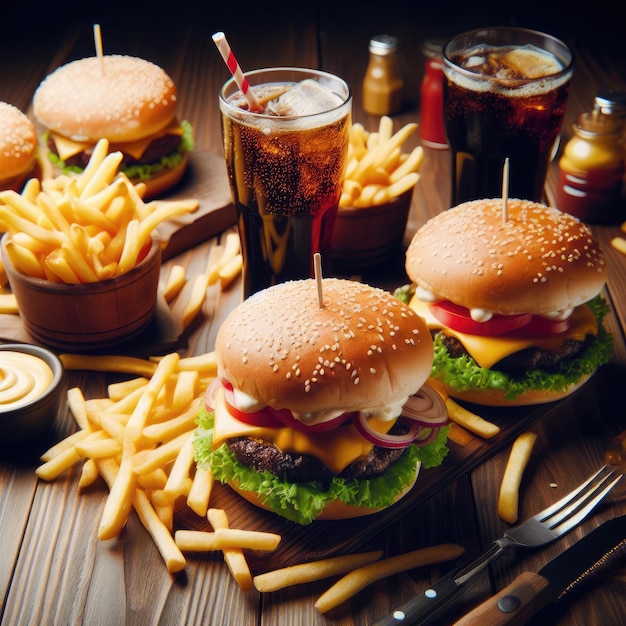 a wood table full of burgers and french fries with contrasting color