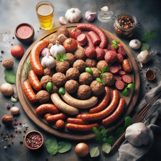 A wood table full of meatballs and sausage with contrasting color