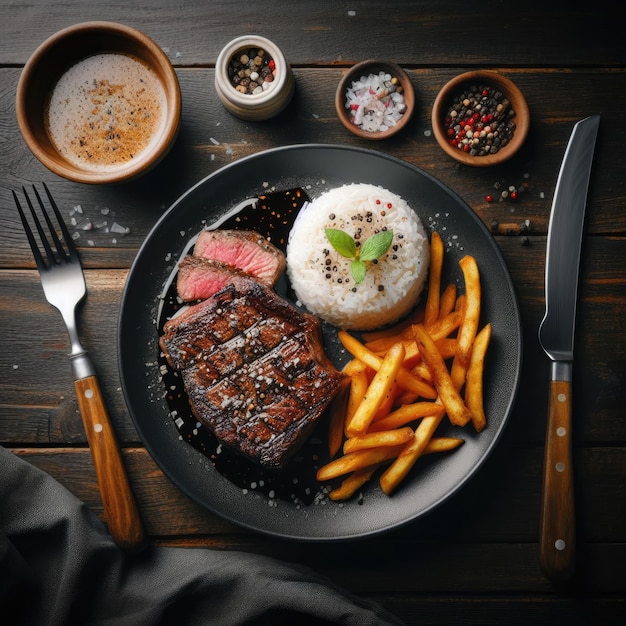 A wood table full of steak with black pepper sauce and a bowl of rice in a restaurant setting