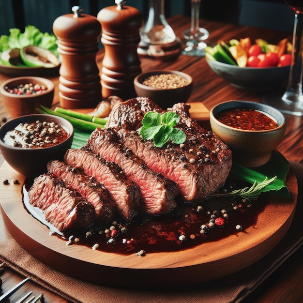 A wood table full of steak with black pepper sauce in a restaurant setting