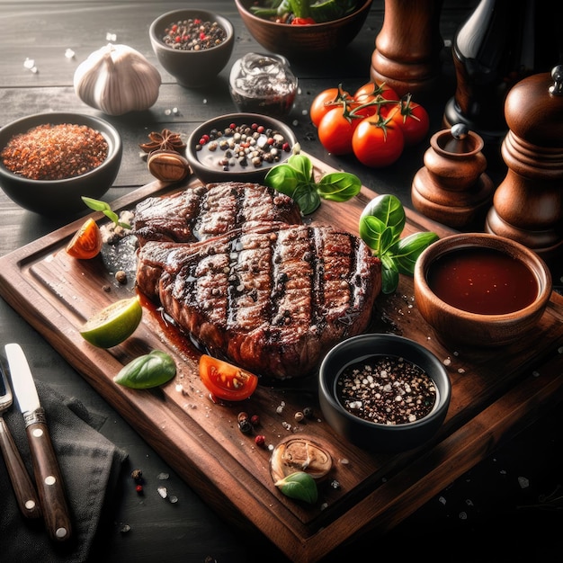 A wood table full of steak with black pepper sauce in a restaurant setting