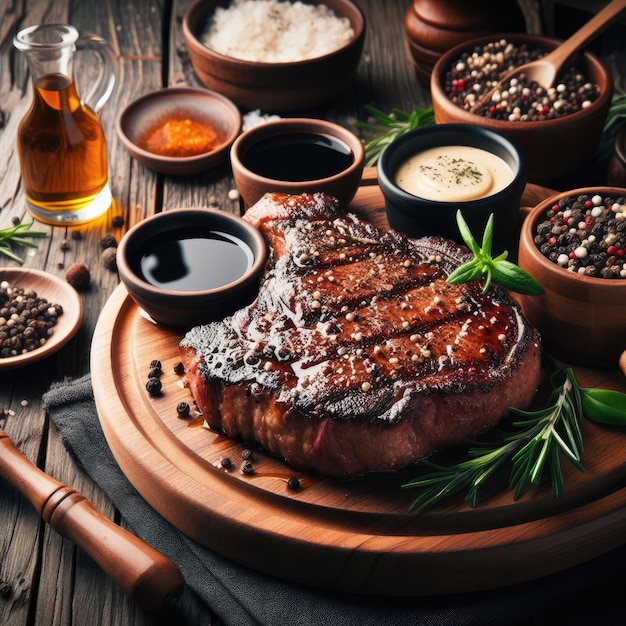 A wood table full of steak with black pepper sauce