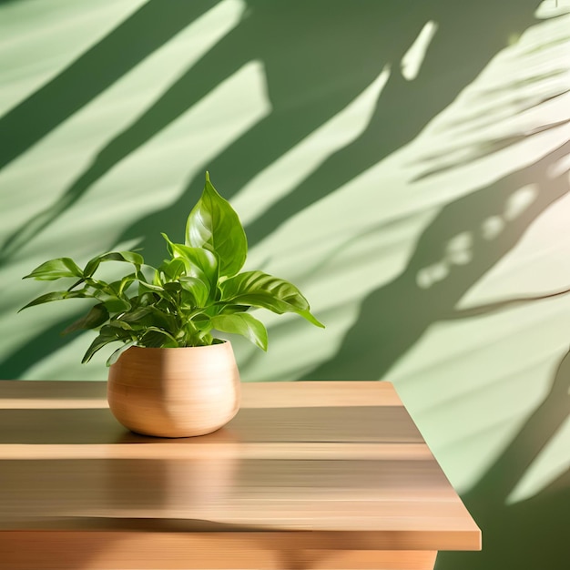 Photo wood table green wall background with sunlight window create leaf shadow on wall with blur indoor