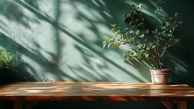 Photo wood table green wall background with sunlight window