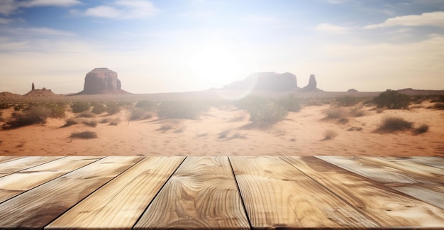 Wood table mockup with desert on background Empty copy space for product presentation Generative AI