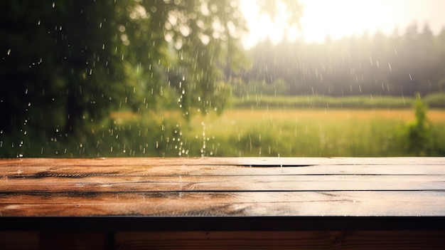 Wood table mockup with summer rain over green landscape Empty space for presentation Generative AI