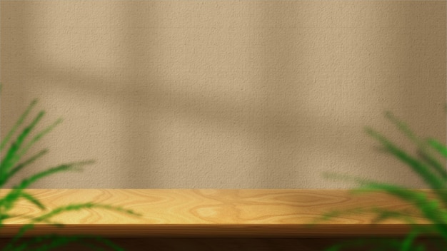 Wood table on sand wall background with sunlight window create shadow on wall with blur indoor green plant foreground