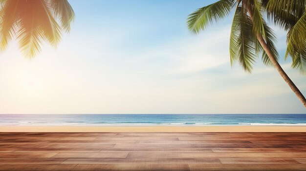 Wood Table Seascape with Palm Tree Blur