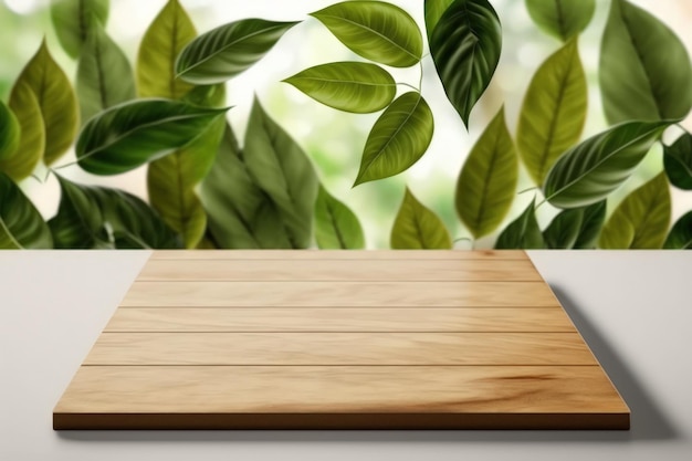 Wood table top against a background of leaves on a white wall