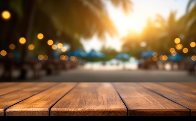 Wood table top on blur beach background can be used for display or montage your products