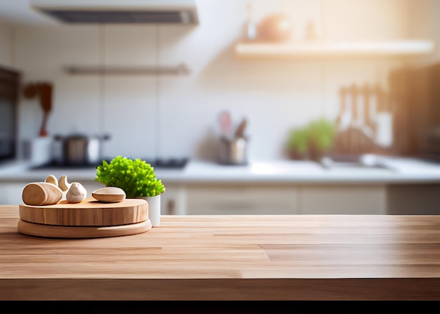 Wood table top on blur kitchen counter background For montage product display AI Generated